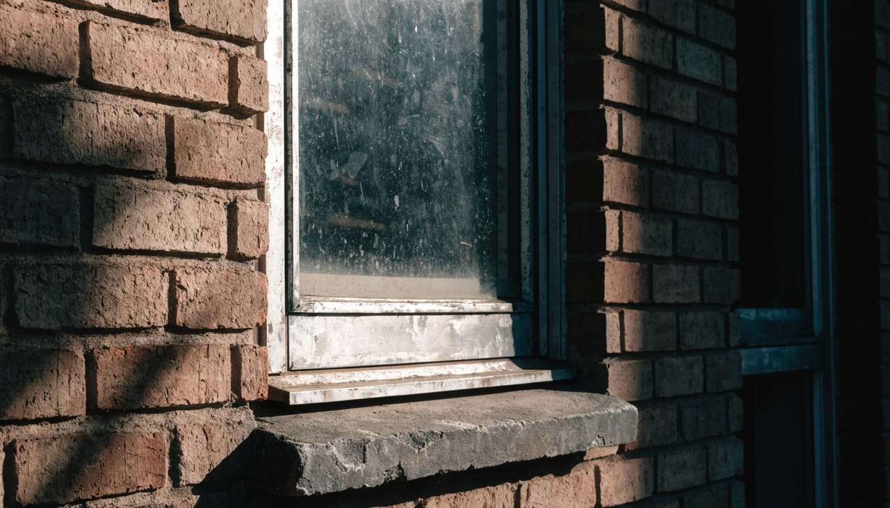 Weathered aluminum single-pane window frame on a brick ranch home