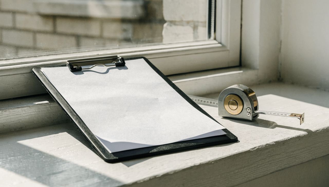 Clipboard with a written window measurement sheet beside a tape measure on a windowsill