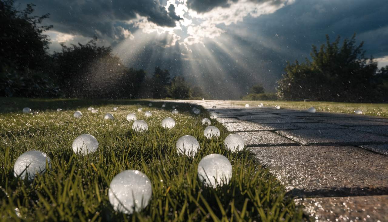 Hailstones on the ground beside a house window after a spring storm