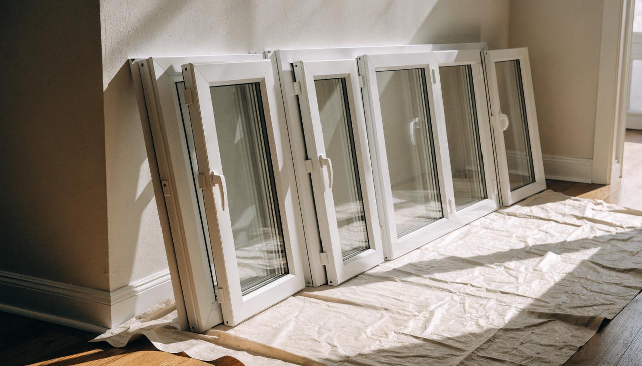 Installer setting a new white vinyl replacement window into a prepared opening