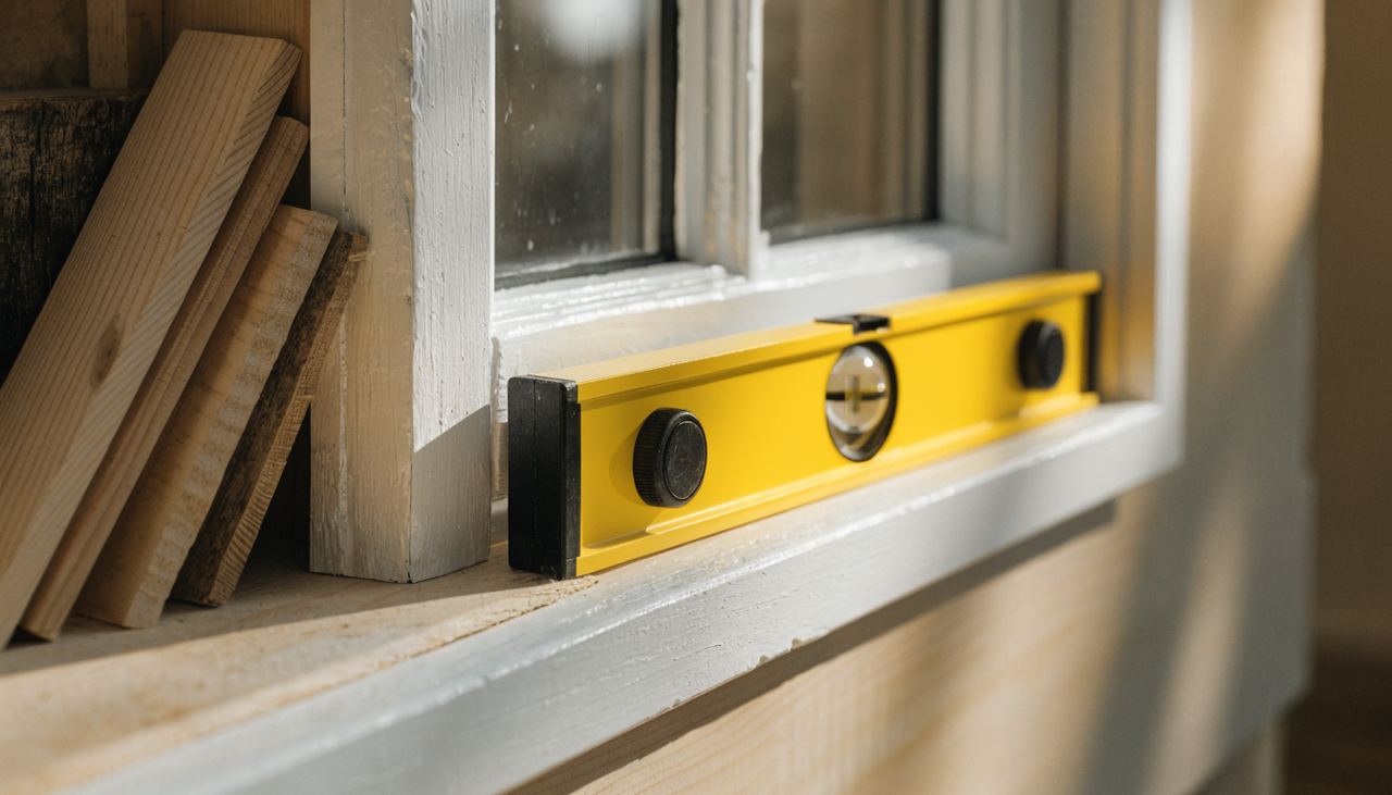 Level and shims being used to square a replacement window during installation