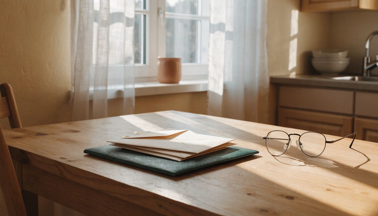 Homeowner reviewing paperwork and receipts at a kitchen table