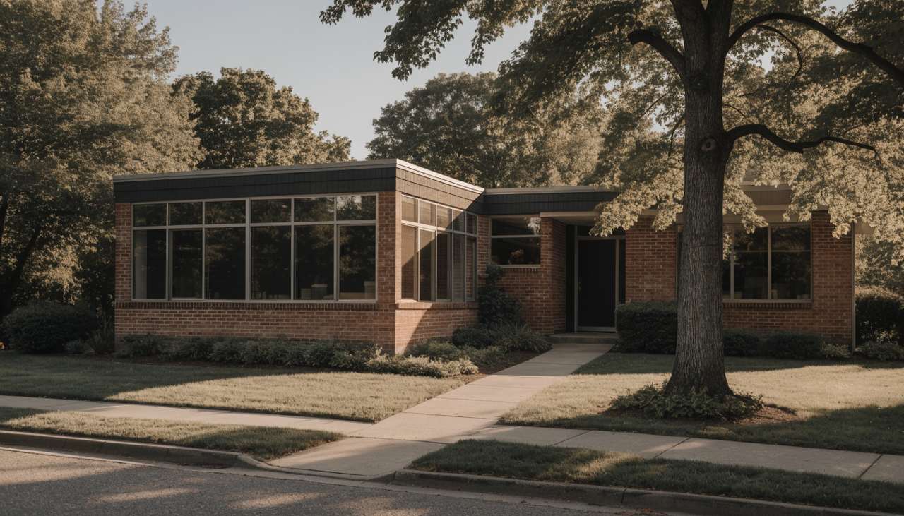 Mid-century brick ranch house with original aluminum windows in warm evening light