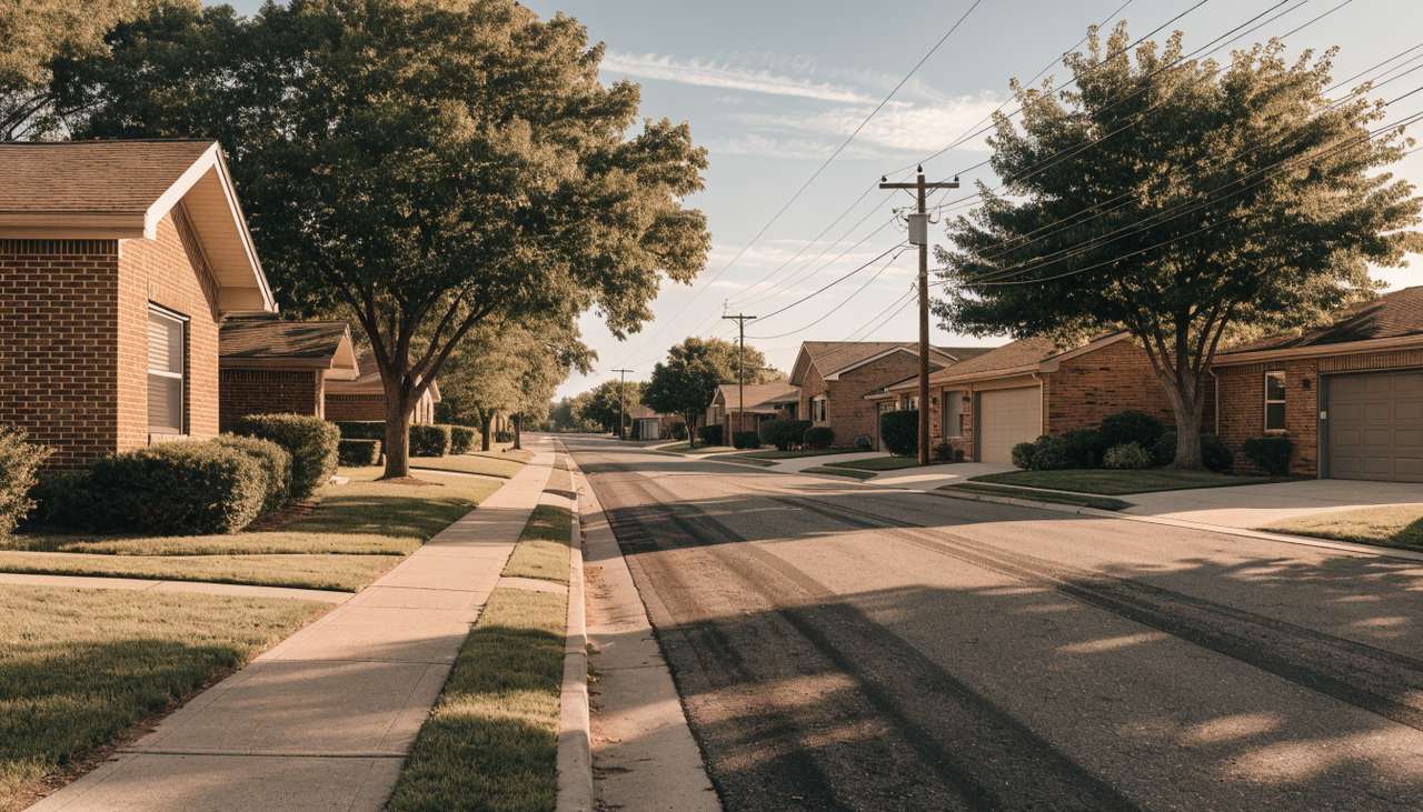 Street of single-story brick ranch homes in a North Texas neighborhood