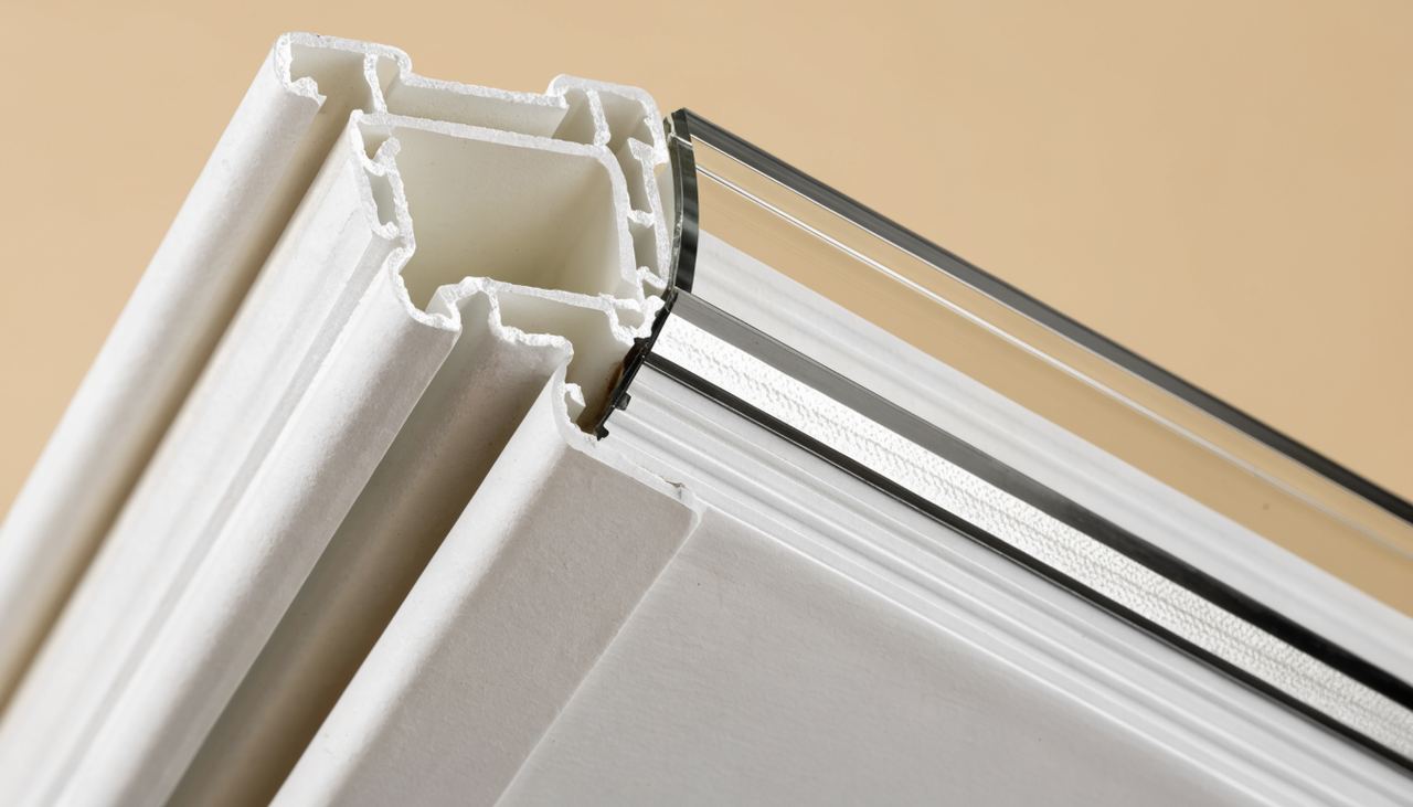 Corner section of a white welded vinyl replacement window frame with double-pane glass